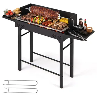 COSTWAY Holzkohlegrill, Campinggrill mit höhenverstellbarem Grillrost, 73x34cm Kochfläche, 2 Ablagen, Drehspieß & 2 Grillrosthebern Grillwagen Outdoor - Schwarz