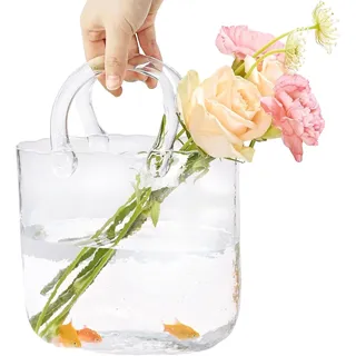 Exquilnova Vase Groß Glas Handtasche, Klare Tasche Vasen mit Griff, Handgemachte Glasvase Aesthetic, Deko Blumenvase Modern, Vase für Langstielige Blumen, Obst, Kleine Fisch