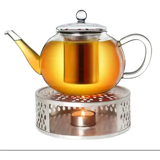 Creano Teekanne aus Glas 1,6l + EIN Stövchen aus Edelstahl, 3-teilige Glasteekanne mit integriertem Edelstahl Sieb und Glasdeckel, ideal zur Zubereitung von losen Tees, tropffrei