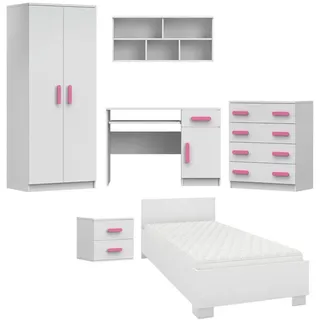 Deine Möbel 24 Kinderzimmer-Set Inge I Weiß/Rosa 6-teilig , Weiß, Rosa , Holzwerkstoff , 419x193x206 cm , Babymöbel & Kindermöbel, Kinderzimmer & Jugendzimmer, komplette Jugendzimmer