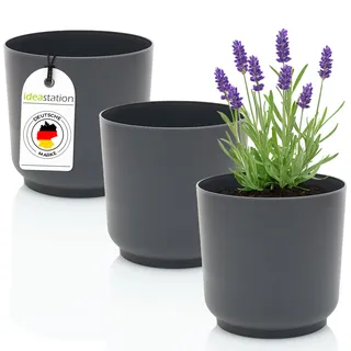 idea-station Sati Blumentopf Set 3 x 15 cm - anthrazit - Stabiler Blumentopf 15cm Durchmesser aus Plastik für verschiedenste Pflanzen und Blumen - Matte Übertöpfe für Zimmerpflanzen