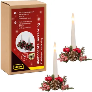 IDENA 31905 - LED Stabkerzen mit Weihnachtskränzen, je 2 Stück, Kerzenringe mit Schmuck in Rot, Weihnachtsdeko für Innen, batteriebetriebene Kerzen