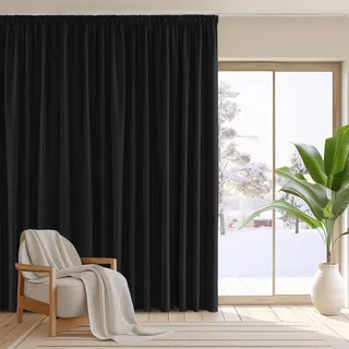 PONY DANCE Lichtdichte Vorhänge mit Kräuselband 1 Stück Extra Breite Gardine Schwarz Blickdicht Thermovorhänge gegen Kälte Raumtrenner Vorhang Blackout Curtains Living Room, H 260 x B 300 cm