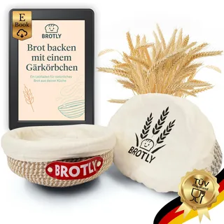 BROTLY - Gärkörbchen Set – Baumwolle rund & oval, lebensmittelecht TÜV geprüft, inkl. gratis Rezept E-Book, Banneton Brotform für Sauerteig, Hefeteig & glutenfreie Brote