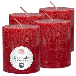 DecoLite Stumpenkerzen Rustic 4er Set 80x70 mm | Selbstverlöschend Safe Candle | Durchgefärbt RAL-zertifiziert | Brenndauer ca. 25h | Made in Germany | Rustik Deko Kerzen von DecoLite (rubin)
