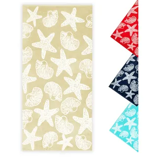 ZOLLNER Strandtuch - Flauschiges und saugstarkes Badetuch in 90x180 cm - waschbar bis 60°C - Baumwolle - maritimes Muster mit Seesternen und Muscheln in beige - Oeko Tex® Zertifiziert