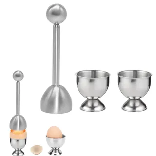 1x Eierköpfer - 2X Eierbecher, Eieröffner, Eierbecher aus Edelstahl, Küchenwerkzeug, Anwendbar auf für Weich Gekochte Eier und Rohes Gekochtes Eier Spülmaschinengeeignet(Silber)