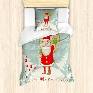 ABAKUHAUS Weihnachtsmann Bettbezug Set für Einzelbetten, Frohe Weihnachten Snowy Forest, Milbensicher Allergiker geeignet mit Kissenbezug, Mehrfarbig