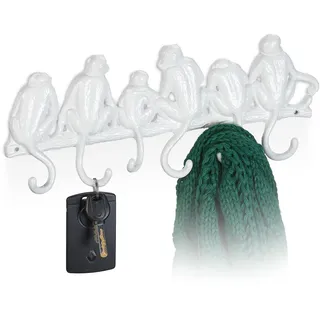 Relaxdays Garderobenleiste AFFE, Gusseisen, HxBxT: 14,5 x 36,5 x 4 cm, 6 Garderobenhaken, Schlüsselbrett Wand, weiß