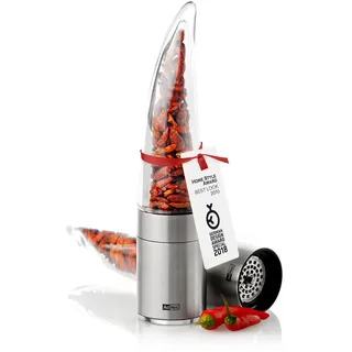AdHoc Chilischneider Pepe | Design Chilimühle für getrocknete Chilis mit Edelstahl SchneidWerk | feine Chili-Flocken & präzises Würzen | Aromaschutzkappe für saubere Anwendung