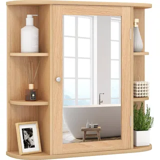 COSTWAY Spiegelschrank Bad, Badezimmerschrank mit Spiegel, 4 Fächer & 6 Ablagen, Badschrank, Badezimmer Hängeschrank, Holz, 66x16,5x62cm, Natur - Naturbelassen