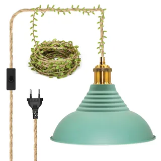 ZRLXFM Outdoor Hanfseil Pendelleuchte mit Stecker, Lampenschirm Hängelampe mit 5.1M Kabel und Schalter, Lampenfassung E27 Hängend Pavillon Beleuchtung Metall Hängeleuchte inkl. 5m grünes Dekoband