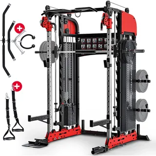 Sportstech SXM200 Smith Machine – Multifunctional, Power Rack, Kabelzug & Klimmzug, 140kg Trainingsgewicht - Schwarz
