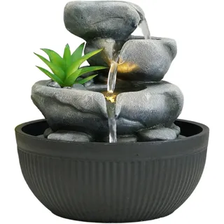 Dehner Zimmerbrunnen Lono, Brunnen mit LED Beleuchtung, ca. Ø 21 cm, Höhe 21 cm, Polyresin, grau / schwarz