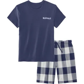 Pyjama BUFFALO, Jungen, Gr. 158/164, blau (navy, beige kariert), Jersey, Obermaterial: 100% Baumwolle, kariert, Basic, bequem kurz, Rundhals, abgesteppte Kante, Homewear-Sets Pyjama, kurzer Schlafanzug im coolen Karolook, Topseller