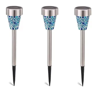SUAVER Mosaik Solarleuchte, Wasserdichte Solar Gartenleuchte Bodenleuchte Außen Garten Licht,Edelstahl Außenleuchte Solarlampe Dämmerungsschalter Perfekt für Garten, Balkon und Terrasse (3pcs Blau)