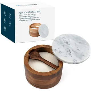 KITCHENDAO Salzstreuer aus Akazienholz mit integriertem Löffel und Marmordeckel, Salzstreuer mit deckel aus massivem Akazienholz, modernem Deckel in Grau und Weiß, 170 ml Fassungsvermögen