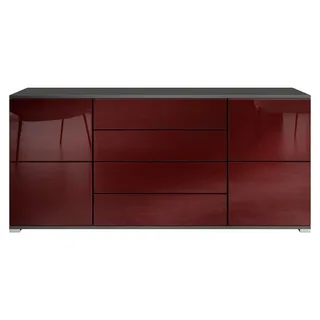 Sideboard Rova V2, Kommode mit 4 Türen und 4 Schubladen, Anthrazit matt/Bordeaux Hochglanz (166,5 x 75,5 x 35) - Grau, bordeaux