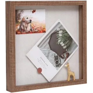 Muzilife 3D Bilderrahmen mit Glasscheibe Tiefe Holz Rahmen zum Befüllen, 25x25cm Objektrahmen, Quadratische Form, Geschenk für Familie Freunde, 1 Stück Braun