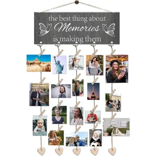 KLVGTIFS Bilderrahmen Collage, Holzbilderrahmen, Fotorahmen Holz, Collage Fotorahmen, Hängender Bilderrahmen mit 6 Linien und 20 Kleinen Holzklammern, Kreativ Fotovorhang für Mehrere Fotos