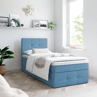 Boxspringbett, Kinderbett MERA PREMIUM MINI 90x200cm + Topper T25 mit Bettkasten, Einzelbett, Stauraum, Jugendbett (Hellgrau - AURA 13) - Hellblau