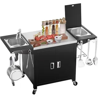 GFTIME Grillwagen, outdoorküche, rollbare Kücheninsel aus Edelstahl mit Aufbewahrungsschrank, Eisbox, Spüle, Outdoor küche, Pizzaofen-Tisch,Küchenwagen, Servierwagen, Grilltisch,155x63x89cm