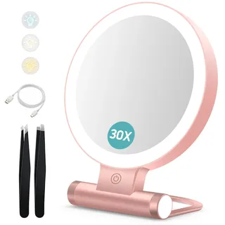 B Beauty Planet Kosmetikspiegel mit Beleuchtung, 30 fache/1-fach Doppelseitige Tischspiegel,3 Farblichter, DimmbarerSchminkspiegel,Reisen Kosmetik Spiegel mit Beleuchtung