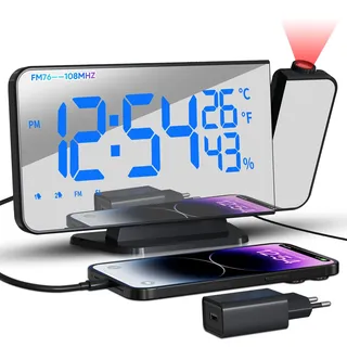 TAKRINK Projektionswecker, Wecker Digital mit 180° Projektion, Marineblau | 5,5 Zoll LED-Display, 12/24H, FM-Radio, Snooze 5–60 Min., 4 Helligkeiten, USB-Ladeausgang