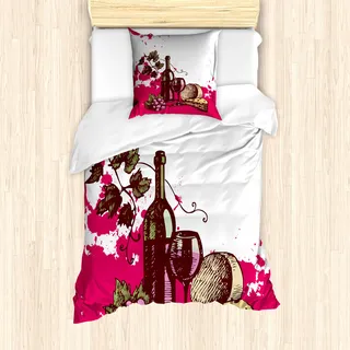 ABAKUHAUS Wein Mantele, Vintage abstrakte Skizze, Milbensicher Allergiker geeignet mit Kissenbezügen, 135 cm x 200 cm - 80 x 80 cm, Olivgrün-Pink