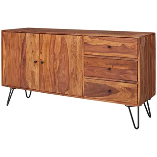 Mid.you Sideboard , Sheeshamfarben , Metall , Sheesham , massiv , 1 Fächer , 3 Schubladen , 145x75x40 cm , stehend, handgemacht , Holzmöbel, Kommoden Holz, Sideboards Holz