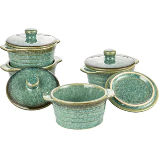 HENXFEN LEAD Mini Cocottes aus Steinzeug, 230ml Auflaufförmchen Souffle Förmchen mit Deckel, 4er-Set Kleine Auflaufform Creme Brulee Schälchen, Glänzend Grün