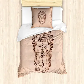 ABAKUHAUS Wolf Bettbezug Set, Ethnischer Zeichnungs-Art-Tier in der Stammes- Mützen-Hand gezeichneten gebürtigen amerikanischen Inspirationen, 135 x 200 cm + 80 x 80 cm, Braun Pfirsich - Braun