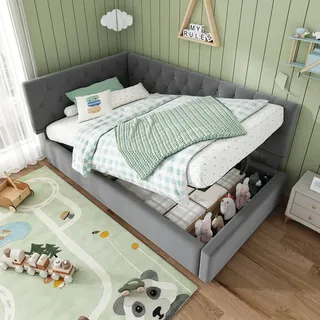 Flieks Polsterbett 90x200cm mit Stauraum, Tagesbett Schlafsofa mit Verstellbarem Kopfteil, Daybett Kinderbett Jugendbett mit Lattenrost, Samt, Grau - Grau