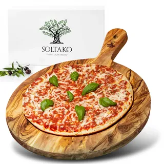 SOLTAKO Pizzabrett Olivenholz Magherita (⌀ 32 cm) Pizzateller, Schneidebrett aus Olivenholz mit Griff