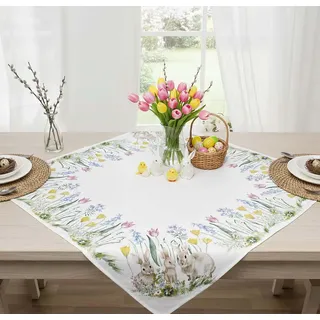 KAMACA Tischdecke Frühling & Ostern – Oster Tischdeko mit Hasen Häschen Familie, Blumen & Ostereiern, bunt Bedruckt – Mitteldecke für Küche, Esstisch, Wohnzimmertisch (85x85 Hasen - Familie)