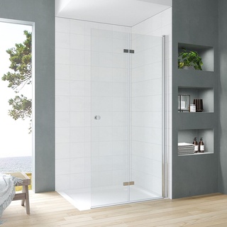 Duschabtrennung faltbar 115 cm Walk-in Dusche Duschwand Glas Falttür für Duschwanne Faltwand Drehfalttür Faltdusche Glaswand Duschfaltwand Sicherheitsglas 5 mm klar | Öffnungsseite OHNE Wandprofil