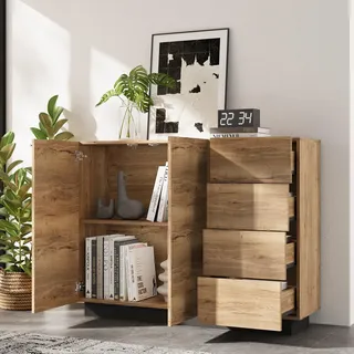 MODFU Sideboard mit zwei Türen und 4 Schubladen,Aufbewahrungsschrank Kommode mit Stauraum,Beistellschrank geeignet für Wohnzimmer und Küche,Natur - Schwarz