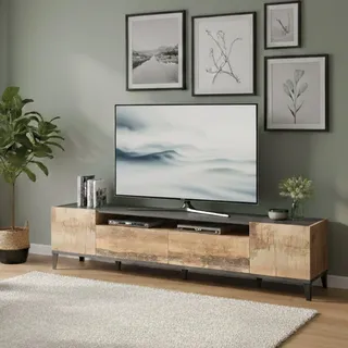 Dmora - TV-Schrank Raffaele, niedriges Wohnzimmer-Sideboard mit 2 Türen, Fernsehständer-Basis, 100 % Made in Italy, 200 x 40 x 47 cm, Schiefer und Ahorn,