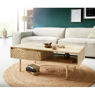DELIFE Couchtisch Budaya 115x60 cm Mango Natur 2 Schubfächer Fuß rund - Hellbraun, Braun