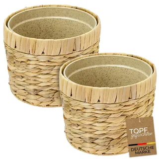 HMF Blumentopf geflochten aus Wasserhyazinthe mit Pflanztopf, rund, 2er Set, 19 cm Durchmesser, Naturfarben