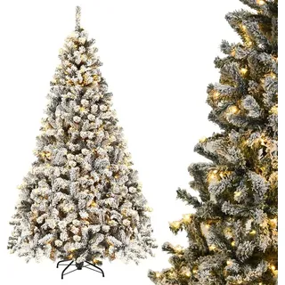 COSTWAY 225cm Künstlicher Weihnachtsbaum mit Schnee inkl. 1010 Spitzen PVC Nadeln, 450 warmweiße LED-Leuchten & Metallständer, Tannenbaum, Christbaum, weiß - Weiß, Grün