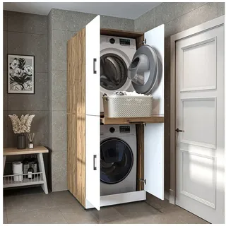 roomartstore.de Roomart Waschmaschinenschrank Dora für Trockner & Waschmaschine, in 4 Farben, mit Türen & Ausziehbrett Weiß Eiche)