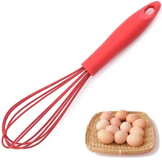 Schneebesen, Lebensmittelechtes Silikon, mit Stabilem und Bequemem Griff, Küchen Schneebesen für Mischen, Schlagen, Aufschäumen und Rühren (Rot)