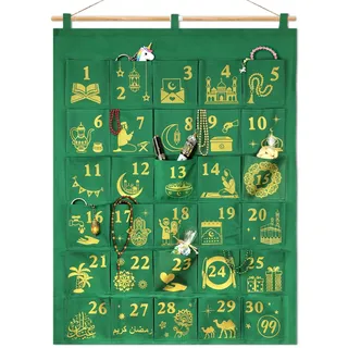 DPKOW Glitzer Stoff Ramadan Kalender zum Befüllen Selber Machen Ramadan Adventskalender zum Aufhängen DIY Geschenke, Glitzer Grün Gold Ramadankalender Groß Säckchen zum Befüllen
