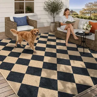 Lahome Karierter einfacher Jute-Teppich, waschbar, für den Außenbereich, Terrasse, Wohnzimmer, Diamant-Teppich, für drinnen und draußen, Bauernhaus, geometrisch, rutschfest, schwarz, Teppich für