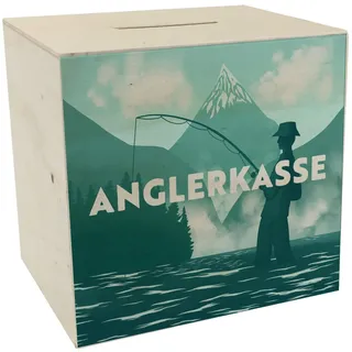 Anglerkasse Spardose aus Holz mit Anglermotiv für leidenschaftliche Fischer, um auf neues Angelequipment zu sparen