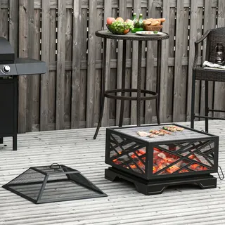 Outsunny Feuerschale mit Funkenschutz, Feuerkorb mit Grillrost, Schürhaken, 2-in-1 BBQ Grill,
