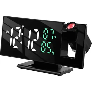 Echos Projektionswecker/LED Wecker mit Zeitprojektion Temperatur- & Luftfeuchtigkeitsanzeige 3m drehbare Uhranzeige Alarmuhr mit Schlummerfunktion Datumsanzeige 3 Helligkeitsstufen Notfallbatterie