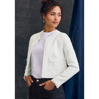 Kurzblazer LASCANA, Damen, Gr. 38, weiß (creme), Bouclé, Obermaterial: 79% Polyester, 13% Polyacryl, 5% Polyamid, 2% Viskose, 1% Wolle. Futter: 100% Polyester, unifarben, figurbetont hüftlang, Rundhals, leicht ausgefranste Kante, Blazer Kurzblazer
