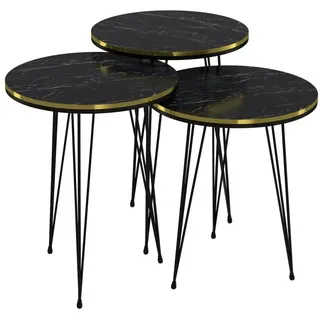[en.casa] Satztisch Ry Beistelltisch im 3er Set Kaffeetisch mit Hairpinlegs für Wohnzimmer 3-TLG. aus Metall und Spanplatte rund Marmor, schwarz/Gold/Schwarz